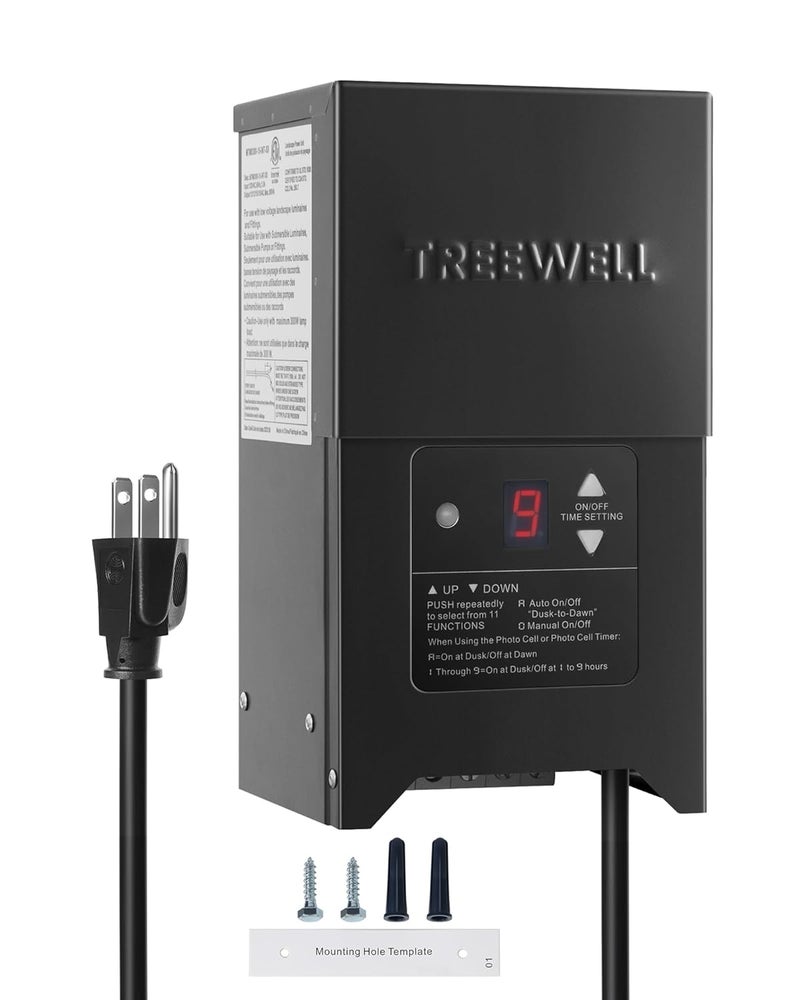 treewell 300W Low Voltage Landscape Transformer, Outdoor Landscape Lighting Transformer with Photocell Sensor & Timer, 120V AC to 12V/15V AC, Stainless Steel Waterproof Transformer, Black, ETL Listed - Image 1